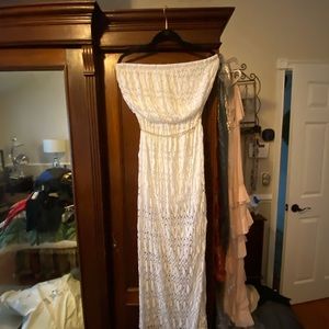 white lace overlay dress with gold accent belt